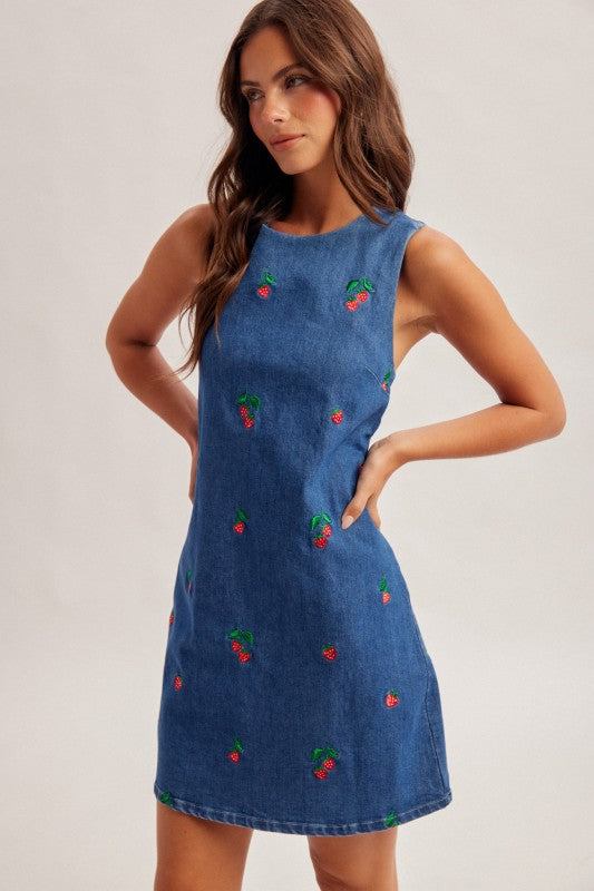 Solene Strawberry Denim Mini Dress