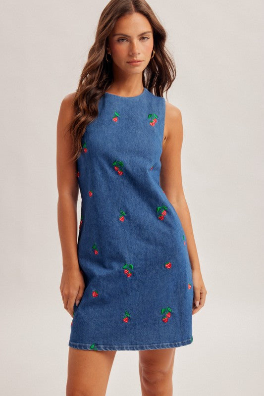 Solene Strawberry Denim Mini Dress