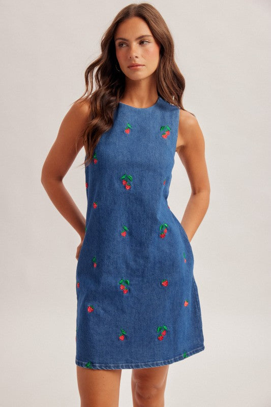 Solene Strawberry Denim Mini Dress