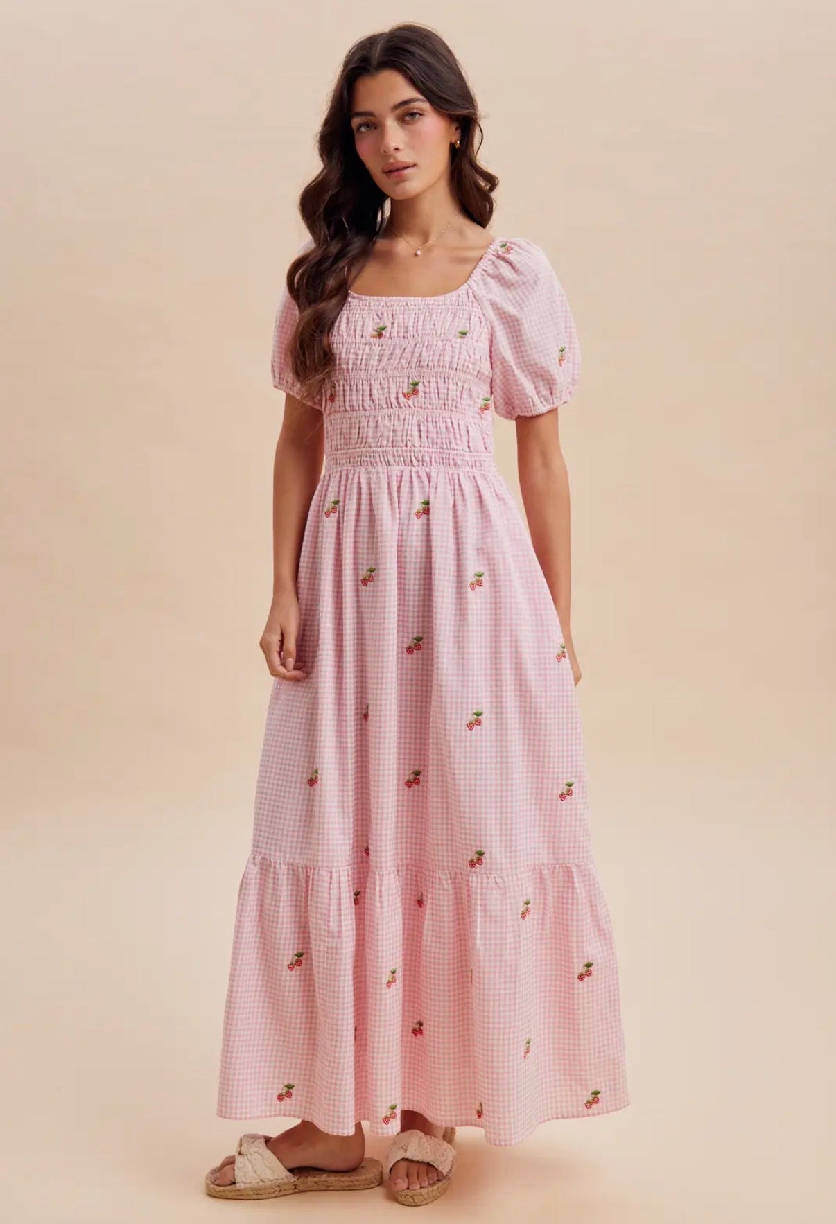 Adeline Gingham Strawberry Maxi Dress