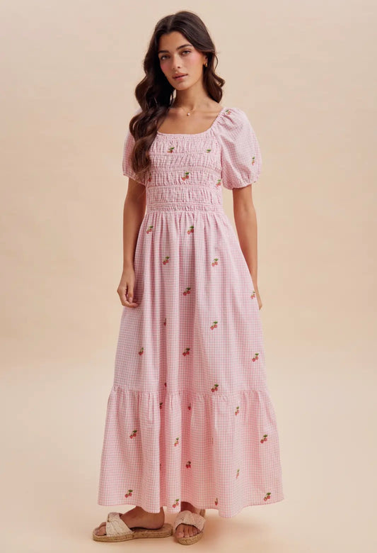 Adeline Gingham Strawberry Maxi Dress