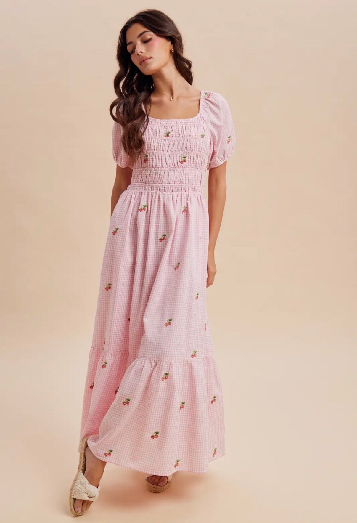 Adeline Gingham Strawberry Maxi Dress